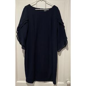 DKNY Navy Blue Sheath Dress Chiffon Tulip Sleeve Formal Party Wedding Size 16